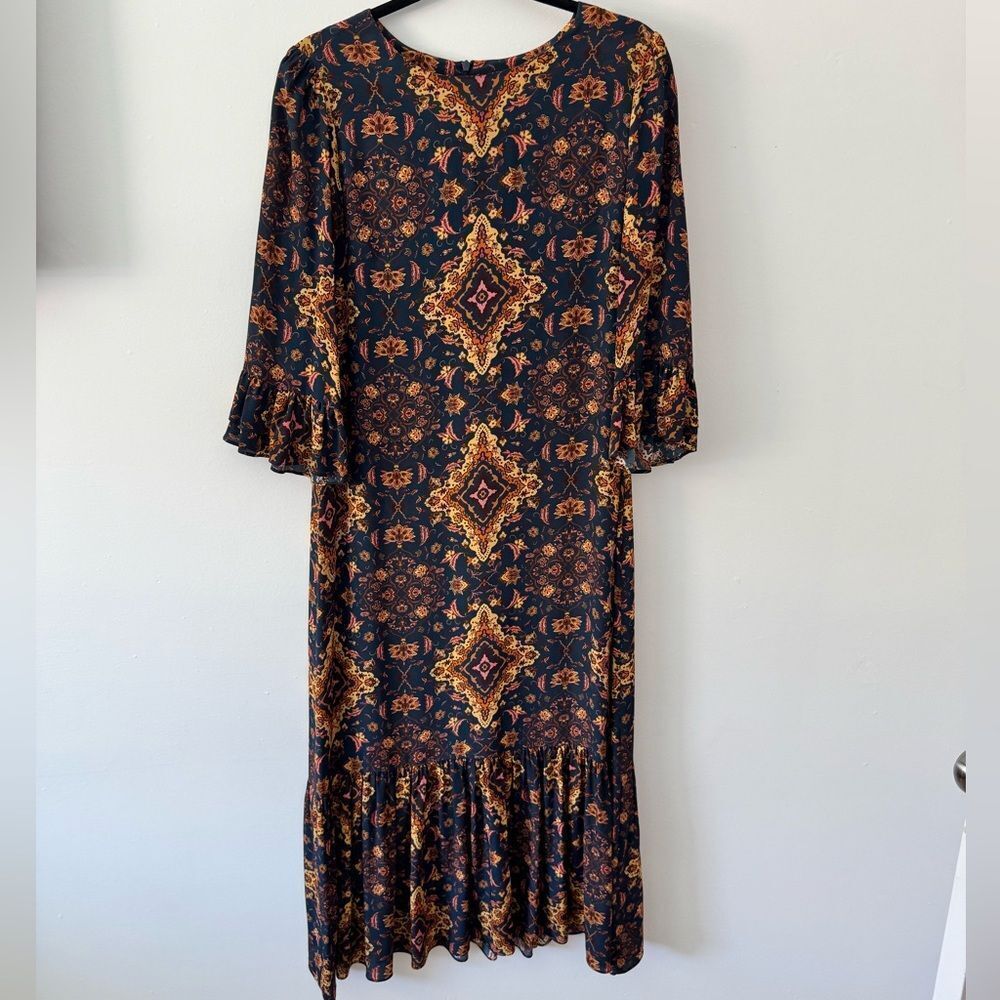 Anthropologie x Kachel Silk Blend Navy Printed Midi Dress Size 6 - Picture 2 of 7